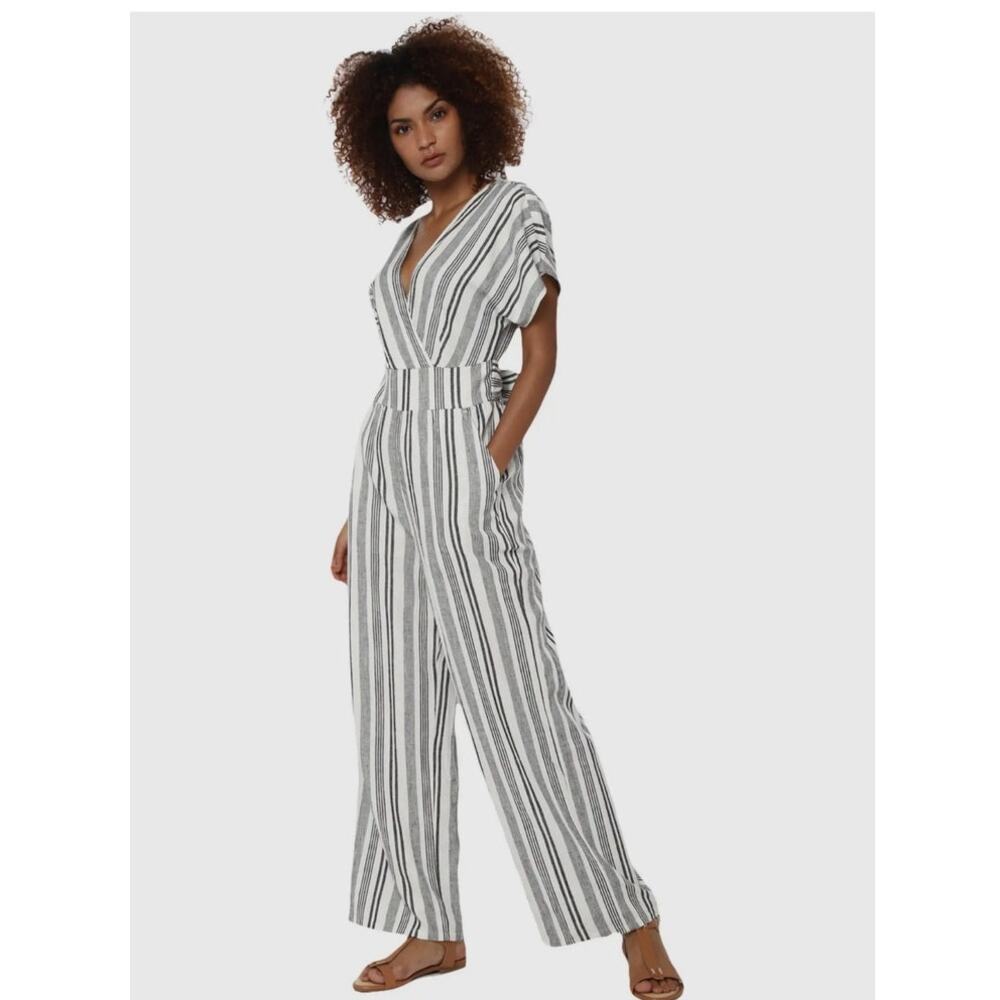 American Eagle Striped Wide Leg Jumpsuit Belted V Neck Cotton Linen Blend Sz M